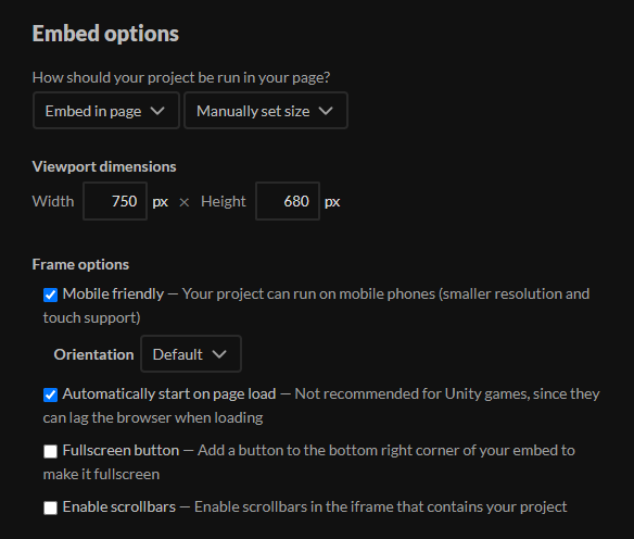Options de l'embed sur itch.io